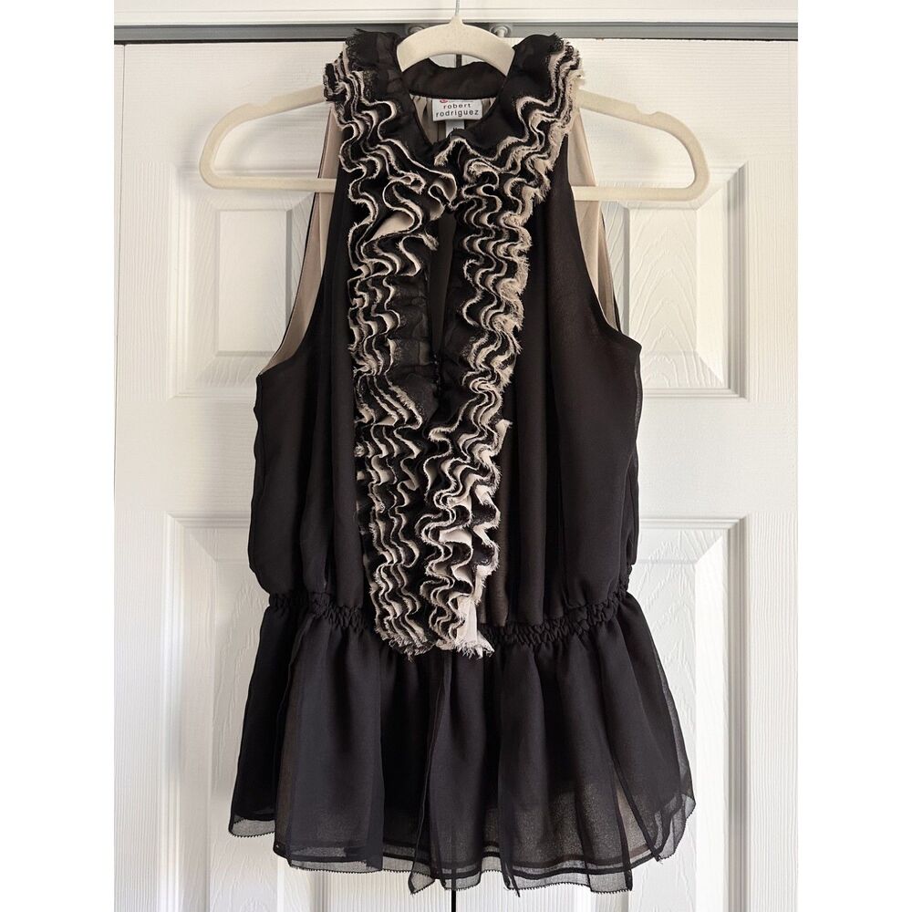 Robert Rodriguez for Neiman Marcus Black Ruffle Lace Chiffon Blouse Medium